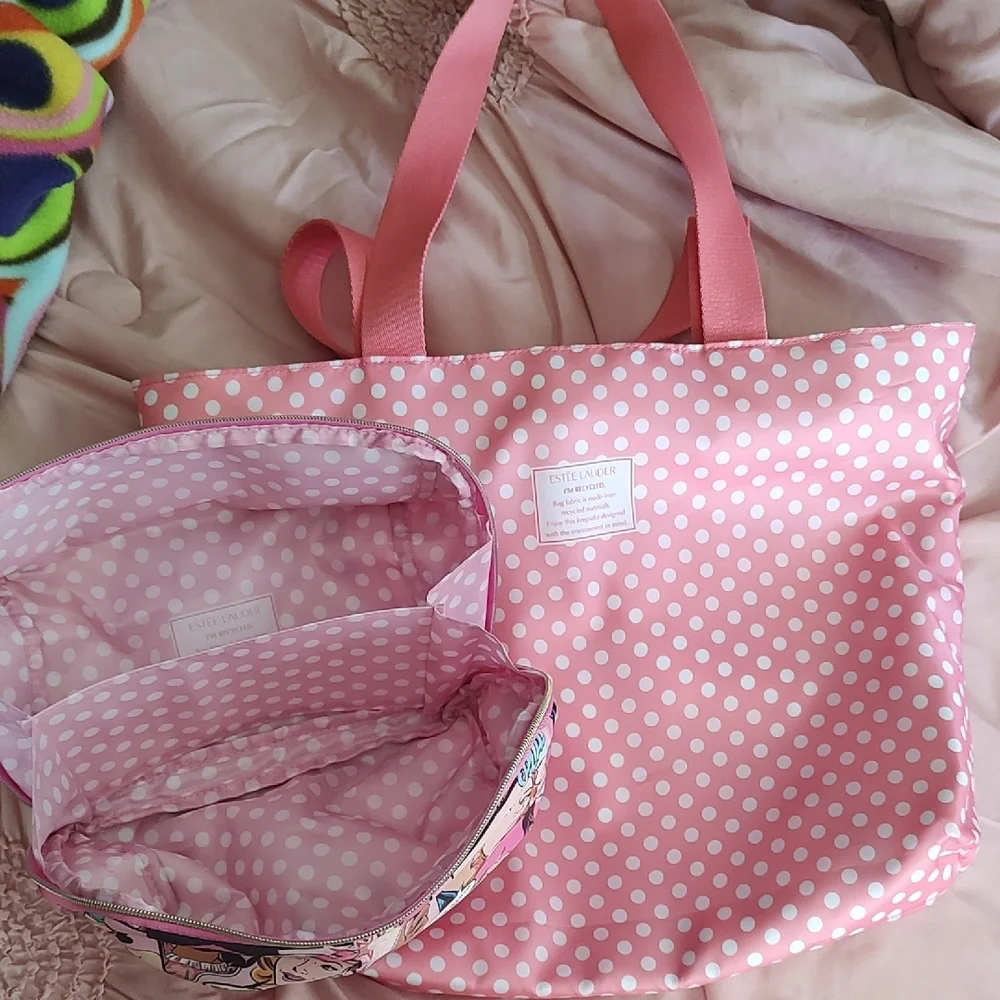 Este Lauder Liechtenstein Pink Polka Dot Tote and Cosmetic Bag. Like New!